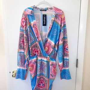 BOOHOO Plunge Ruched Side Scarf Print Dress - Blue/Pink/Multi